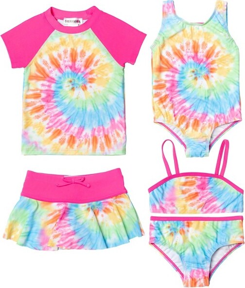 Dream Wave RainbowTie-DyeToddlerGirlsSwimsuitSet:RashGuardBikiniSkirtBottomOne-PieceRainbow2T