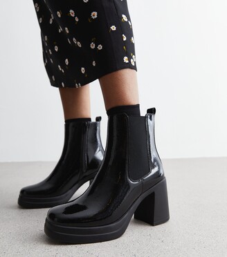 New Look Black Patent Platform Block Heel Chelsea Boots