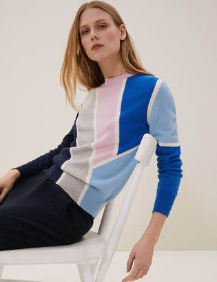 Marks and Spencer Pure Cashmere Colour Block Crew Neck Jumper