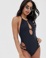 Thumbnail for your product : South Beach plunge front high neck swimsuit with strapping detail