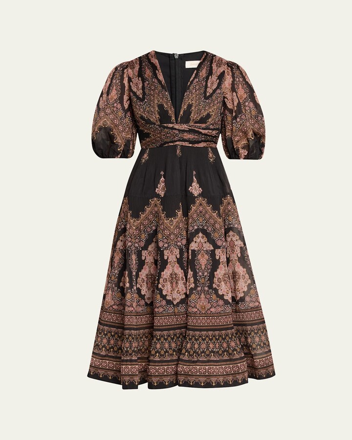 Zimmermann Pleated Puff-Sleeve Midi Dress