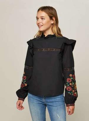Miss Selfridge Black embroidered high neck blouse