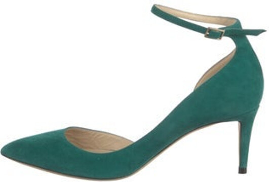 Jimmy Choo Suede D'Orsay Pumps Green Semi-Pointed Toes Wrap-Around Straps & Buckle Closure at Ankles