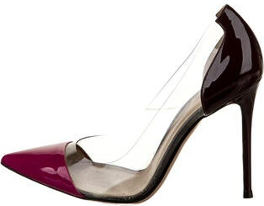 Gianvito Rossi Patent Leather Pumps Brown, Pink & Clear Colorblock Pattern Leather & PVC Trim Pointed-Toes Designer