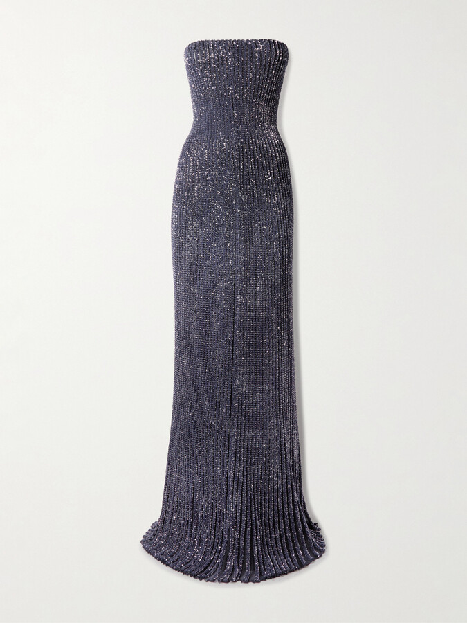 Alaia Strapless Sequin-embellished Metallic Ribbed-knit Gown - Blue