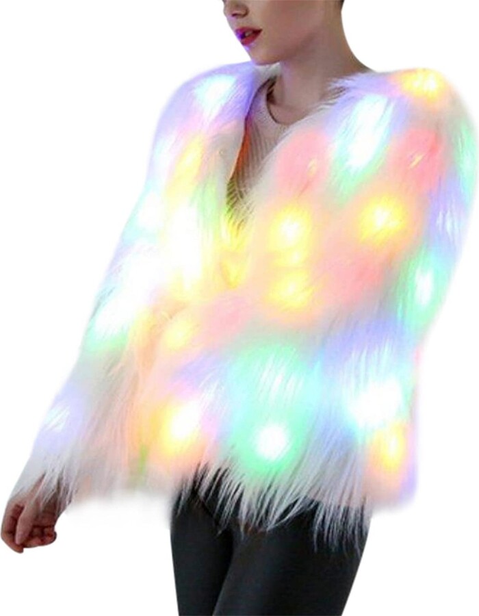 FeMereina Women LED Faux Fur Jacket Rave Light Up Coat Rainbow Sparkly