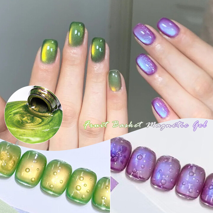 MEET ACROSS Guava & Grape Color Cat Magnetic Gel Green Glass Bead Cat Eye Gel Soak Off UV Gel Nail Art Varnish Salon Home DIY