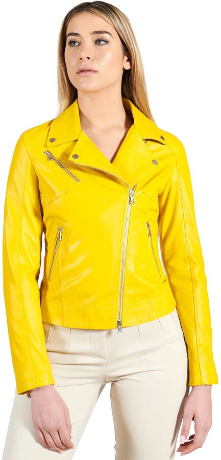 D'Arienzo Women Italian Leather Biker Jacke Yellow Perfecto Genuine ...