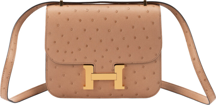 Cognac Constance Mini in Ostrich Leather with Gold Hardware