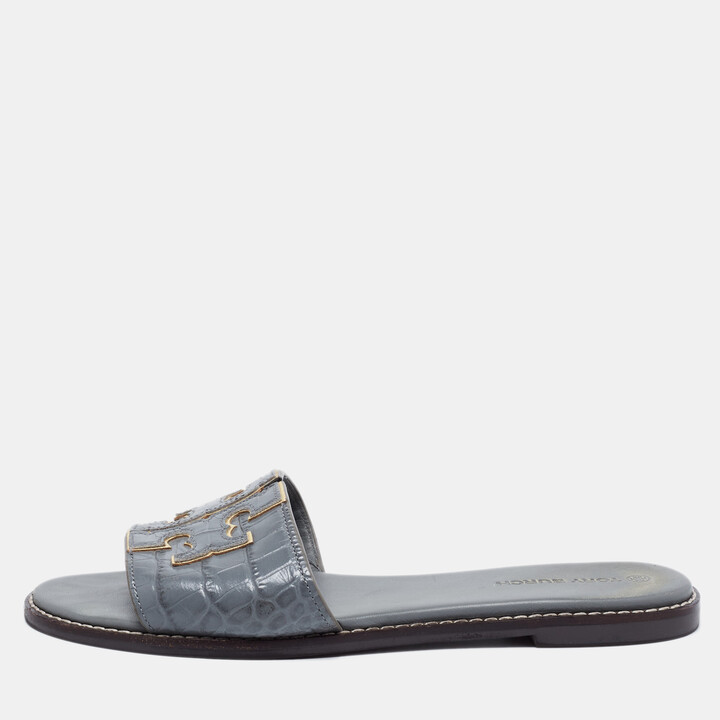 Tory Burch Grey Croc Embossed Leather Ines Flat Slides Size 39 - ShopStyle