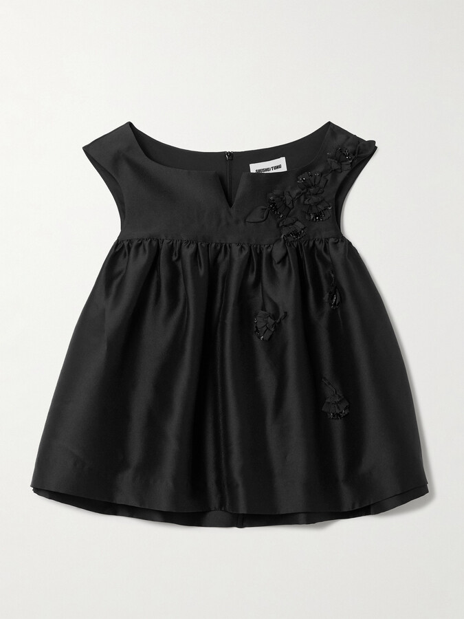 SHUSHU/TONG Gathered Appliquéd Bead-embellished Crepe Top - Black