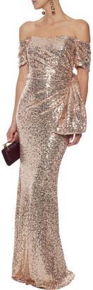 Badgley Mischka Off-the-shoulder Ruched Sequined Tulle Gown