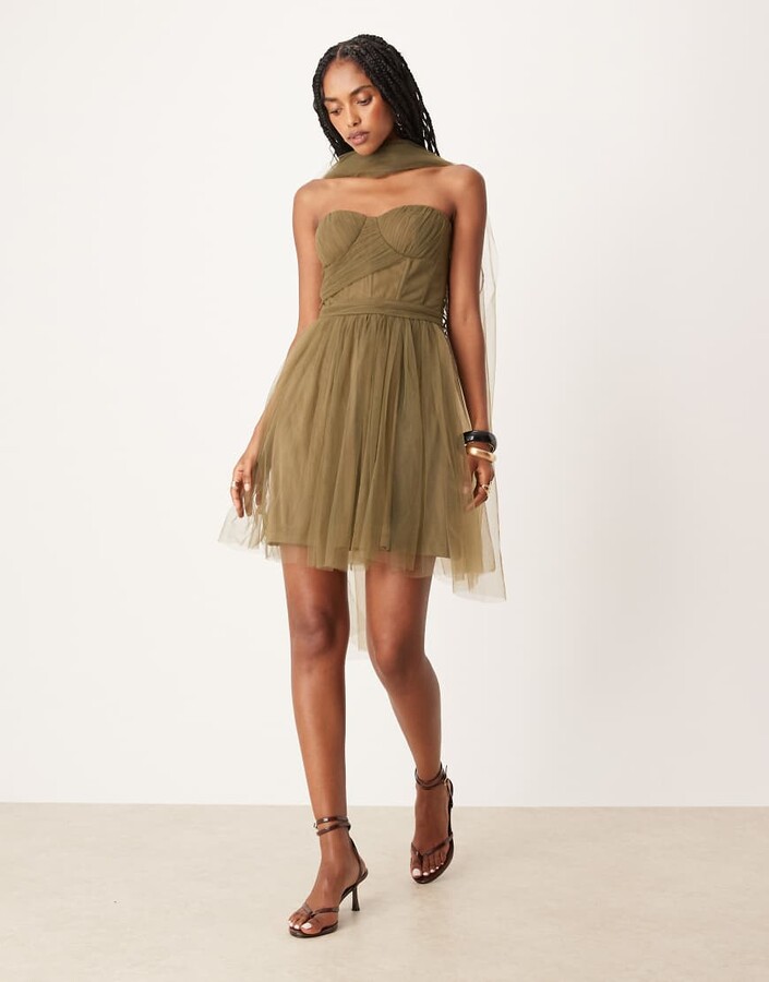 Lace & Beads scarf neck corset tulle mini dress in deep olive