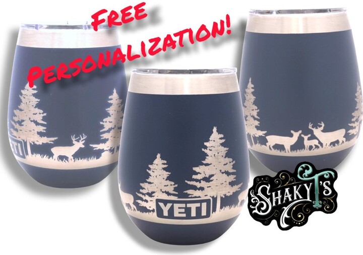10Oz Wine - 360 White Tail Deer in Pine Trees Design Laser Engraved Yeti Wine Tumbler Multiple Colors Available