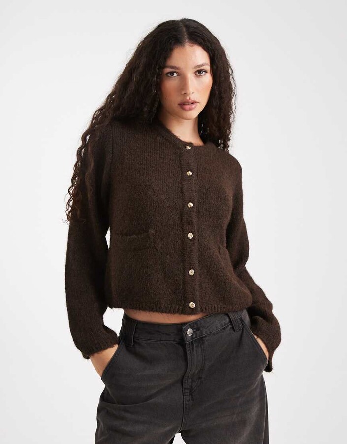 Object slouchy cardigan with gold buttons in chocolate brown
