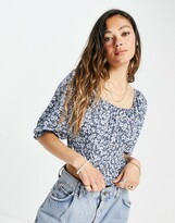 Thumbnail for your product : Only crop blouse with shirred waist and 3/4 sleeve in blue ditsy floral