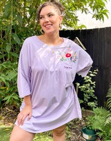 Thumbnail for your product : ASOS Curve DESIGN Curve oversized t-shirt dress with pocket floral embroidery in lilac