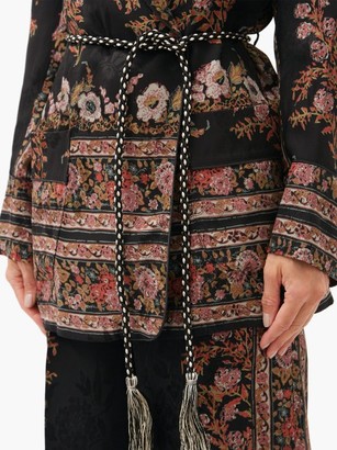 Etro Fleuve Belted Floral-jacquard Satin Jacket - Black Multi