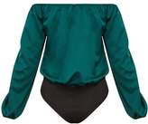 Thumbnail for your product : PrettyLittleThing Forest Green Satin Keyhole Longsleeve Bardot Thong Bodysuit