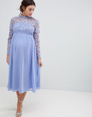 Chi Chi London Maternity High Neck Midi Skater Dress With Lace Sleeves