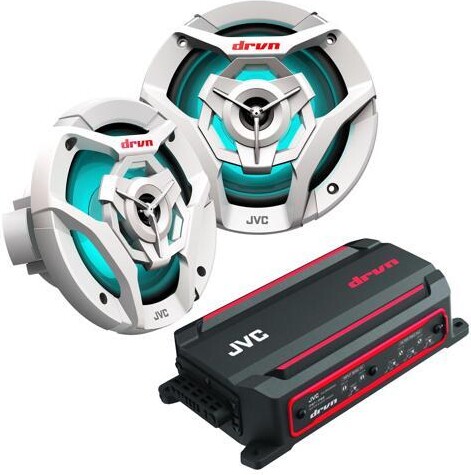JVC KS-DR2004D 4-Channel Compact Digital Amplifier 50W RMS x 4 @ 4 ohms with 2 Pairs CS-DR621MWL 6.5' Marine Speakers w/ White Grills and LED...