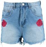 Thumbnail for your product : boohoo Tall Saina Embroidered Patch Denim Shorts