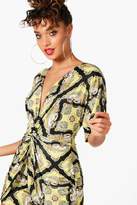Thumbnail for your product : boohoo Scarf Print Twist Front Kimono Sleeve Playsuit