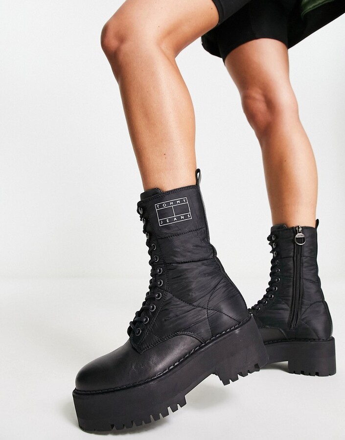 Tommy Jeans leather flatform padded boots in black ShopStyle