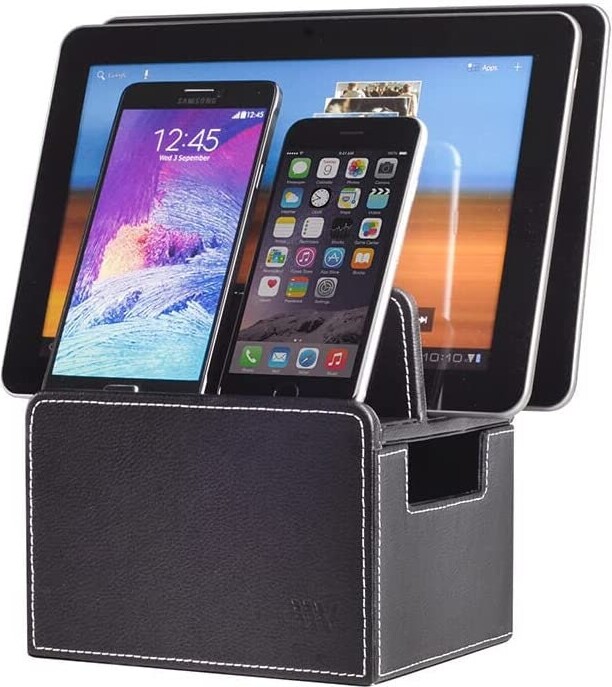 Mobilevision Charging Station Black Faux Leather Executive Stand Multi-Device Dock & Desktop Organizer
