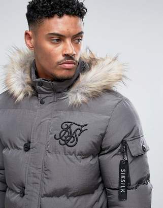 SikSilk Puffer Parka In Gray With Faux Fur Hood