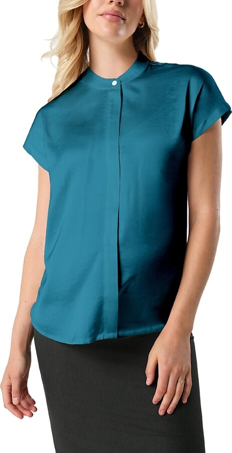 Marion Women's Short Sleeve Satin Maternity Shell Top with Concealed Nursing Zip