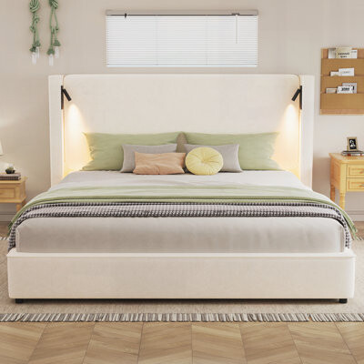 Mercer41 Upholstered Bed Frame with High Wingback Headboard,Reading Lamp and USB port
