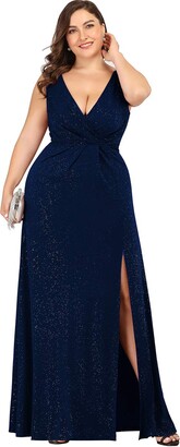 Ever Pretty Ever-Pretty Women's V Neck Sleeveless Empire Waist Thigh High Split Plus Size Party Dresses with Shinny Dot Navy Blue 18UK