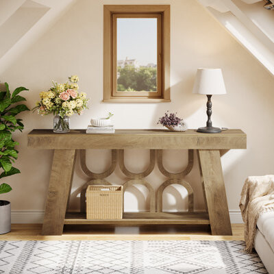 TribeSigns 63" Console Table with Arched Legs, 2-Tier Large Farmhouse Entryway Table for Hallway, Living Room or Bedroom, Light Brown