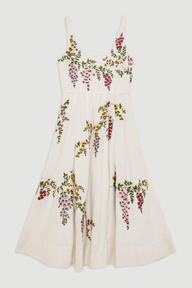 Karen Millen Floral Embroidered Cotton Linen Woven Prom