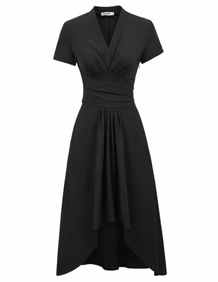 GRACE KARIN Vintage 50s Style Rockabilly Ball Cocktail Party Dress Summer V-Neck A-line High Low Swing Dress Black S