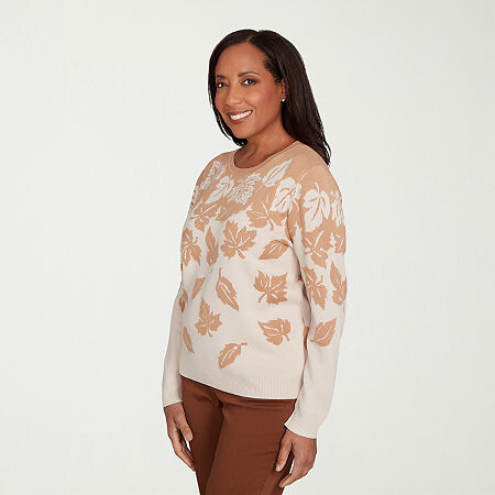 Alfred Dunner Mount Laurel Womens Crew Neck 3/4 Sleeve Leaf Pullover Sweater