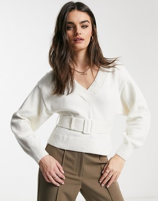 And other stories & belted balloon sleeve sweater in off white
