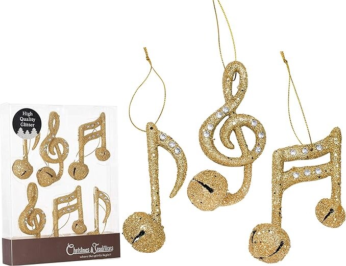 Christmas Traditions 4" Gold Glittered Christmas Hanging Musical Ornaments Musical Notes with Metal Bell Tree Decorations Quarter Note/Eighth Note/Treble Clef 3 Styles asst. (Set of 6) (Gold)