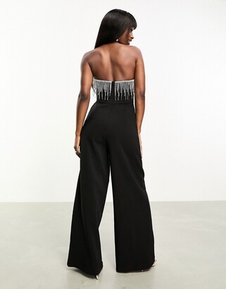 ASOS DESIGN corset jumpsuit with diamante fringe detail in black - ShopStyle