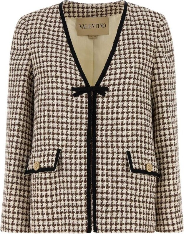 Valentino Houndstooth V-Neck Tweed Jacket