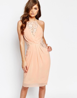 TFNC Midi Dress with Wrap Front and Lace Detail