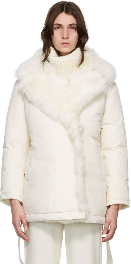 Yves Salomon White Down Shearling Trim Belted Jacket - ShopStyle