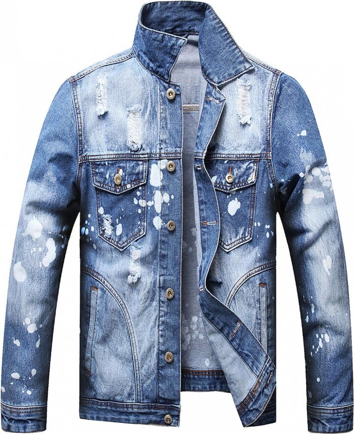HULKAY Men's Distressed Denim Jacket Button Down Ripped Denim Jacket