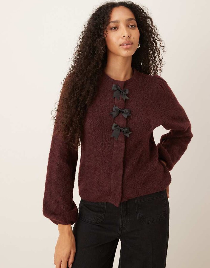 Y.A.S super soft bow detail wool blend cardigan in burgundy