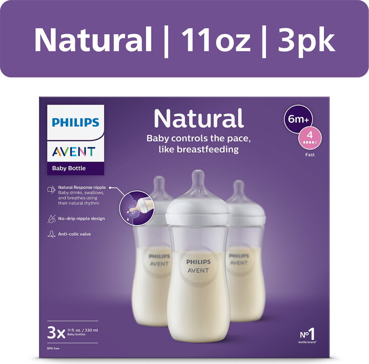 Philips Natural Baby Bottles with Natural Response Nipples (Fast Flow, Flow 4), 11oz, 3-Pack, SCY906/93