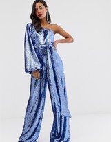 Thumbnail for your product : ASOS DESIGN embellished jumpsuit with one shoulder and belt