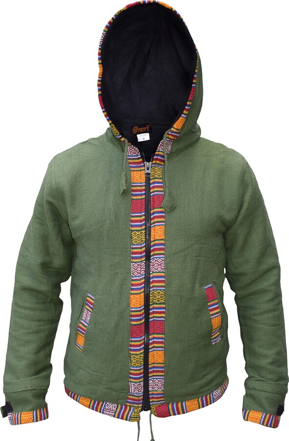 Gheri Men's Ofal Cotton Fleece Lined Ethnic Nepalese Full Zip Winter Jacket  Hoodie Green X-Large - ShopStyle