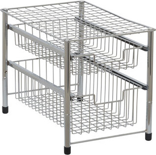 Household Essentials Two Basket Sliding Cabinet Organizer, Metal, Small, Free Standing - No Installation Necessary, Silver Finish