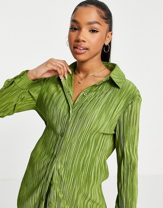 Stradivarius pleated shirt in olive green - part of a set